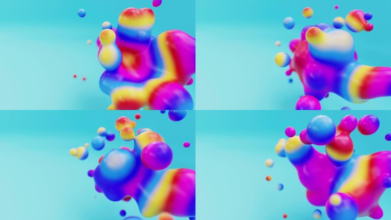 液体彩虹多色动画metaball或有机浮动球体斑点滴或气泡3d渲染抽象背景。流体移动水云美丽创意动画