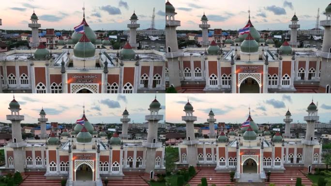 泰国南部北大年府北大年中央清真寺的空中无人机日落场景