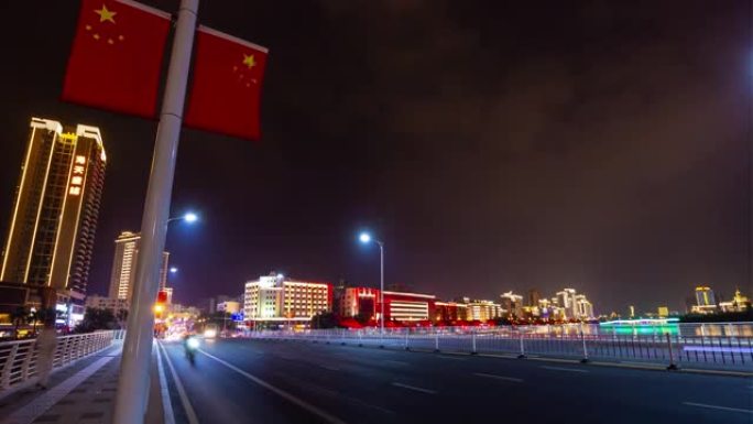 夜间照明三亚滨河湾交通街大桥全景4k海南岛中国