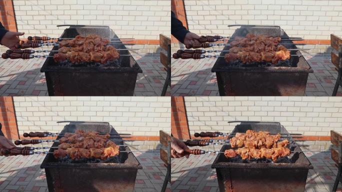 烤串在串上。烤炸牛肉。