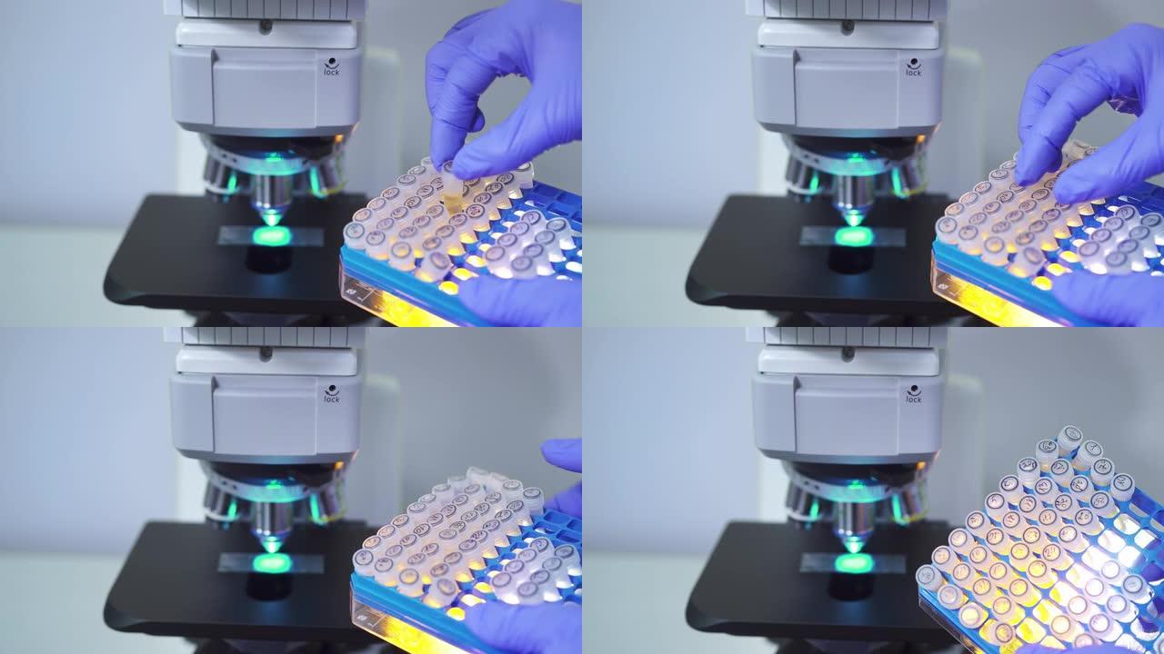一位医学家的特写镜头取出并检查疫苗的小试管。