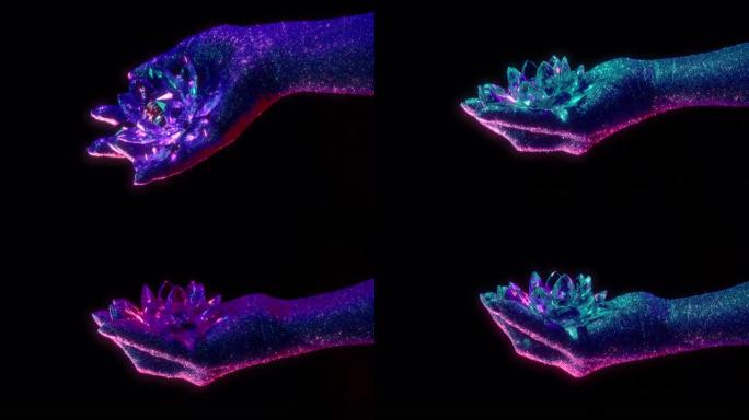 女人拿着脆弱的水晶莲花。霓虹灯下用手覆盖着闪亮的闪光。宗教、艺术、冥想、脉轮、精神内心世界的概念