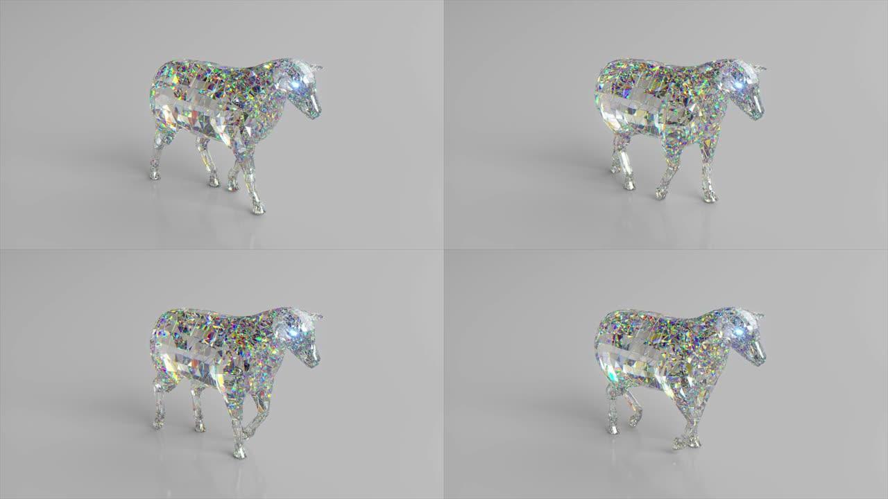 步行钻石羊。自然和动物的概念。低聚。白色。无缝循环的3d动画