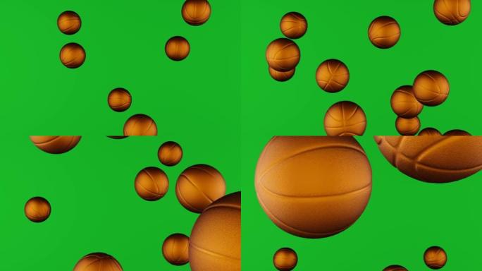 许多金色的篮球球落在chromakey背景上。