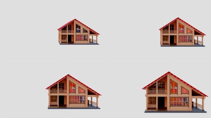 一个白色背景上的木制房子的三维可视化
