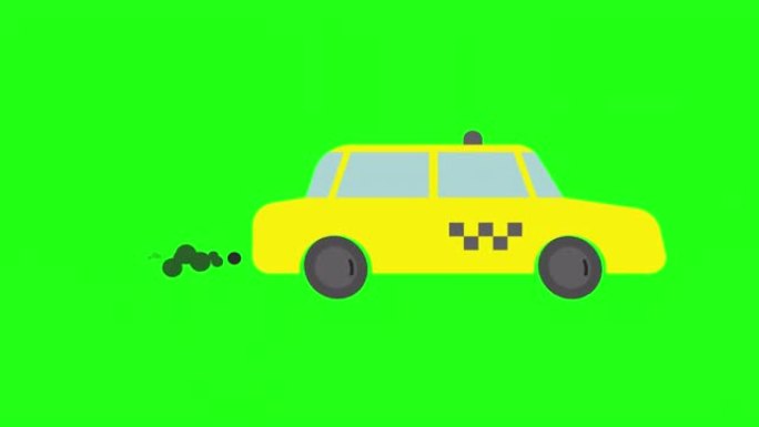 出租车。侧视图。卡通黄色出租车。汽车前进，废气出现，并定期从后面消失。排放对环境的危害。色度键上的2