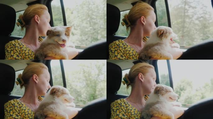 一个养宠物的女人坐在车里，一起看着窗外