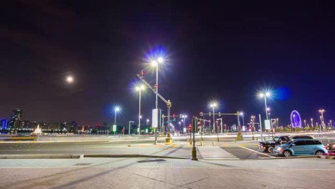 阿布扎比夜灯码头交通十字路口街道全景4k延时阿联酋