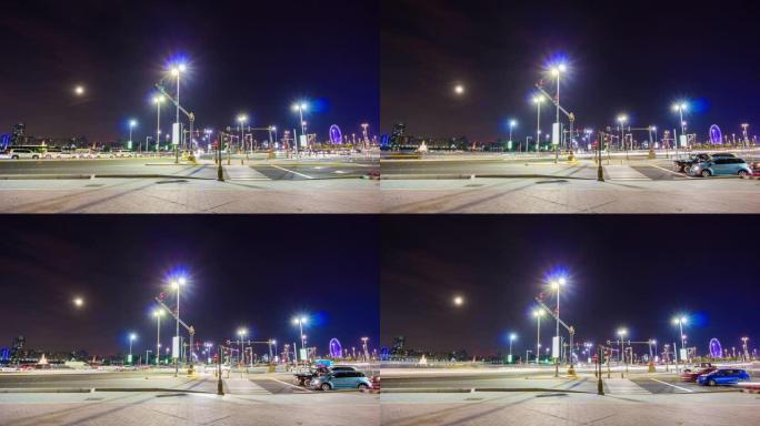 阿布扎比夜灯码头交通十字路口街道全景4k延时阿联酋