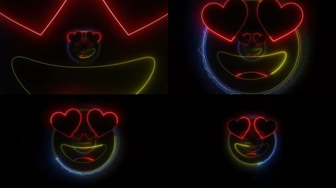 微笑和爱心眼表情符号霓虹灯背景，动画，循环
