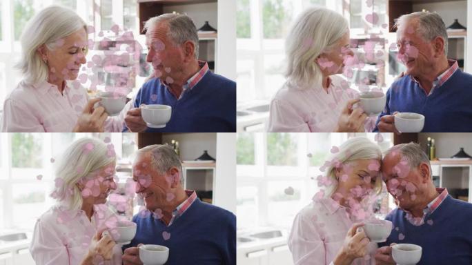 快乐的高级高加索夫妇喝茶的心脏图标动画