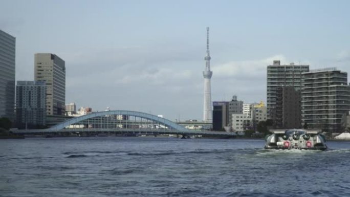 隅田川与高层建筑。东京天空树。河上的旅游船