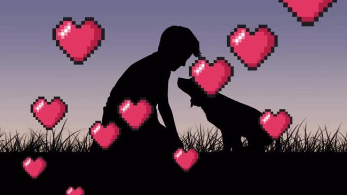 心脏图标的动画漂浮在与男孩的宠物狗上