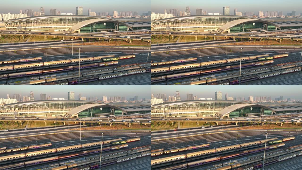 空中无人机高速公路的高角度视图与Bang Sue Grand Station是一个新的铁路枢纽，在泰