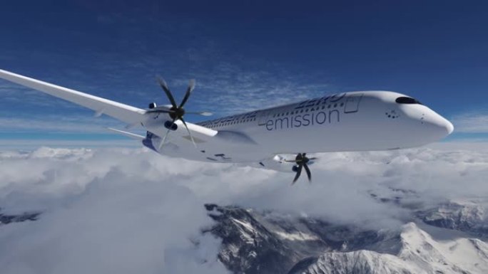 充满氢气的H2飞机在天空中飞行-未来H2能源概念。3d渲染