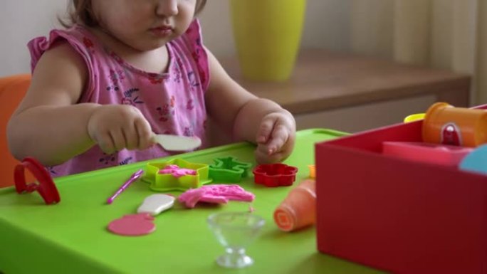 儿童雕塑和泥塑造型。2-5岁的女孩通过手指和塑料造型刀形成和塑造粉红色的面团。使用黏土增强精细运动技