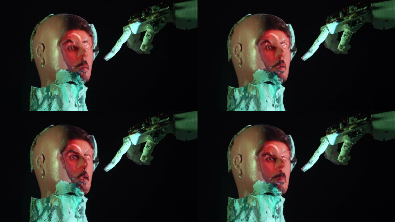用于机器学习的仿人机器人手指向半机械人半身像的4k视频