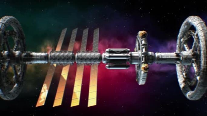 在抽象太空星云背景上飞行的巨型科幻星际飞船的侧视图，3d动画