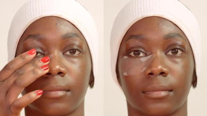 一名年轻女子接受眼部美容面部护理，以最大程度地减少浮肿和干燥