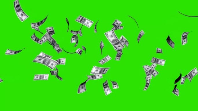 100美元钞票绿屏。雨效应。3D动画钱雨，商业动画钱，效果制作背景。