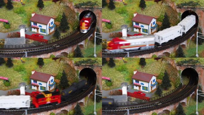 微型模型火车。铁路模型。火车穿越山脉氛围的微型模型。铁路建模。意大利