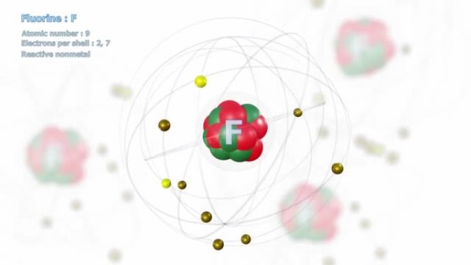 具有9个电子的氟原子在具有原子的白色上无限轨道旋转