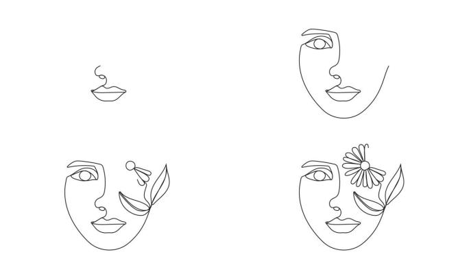 波西米亚女性脸线动画抽象墙艺术。超现实的肖像，女孩脸在画线视频。