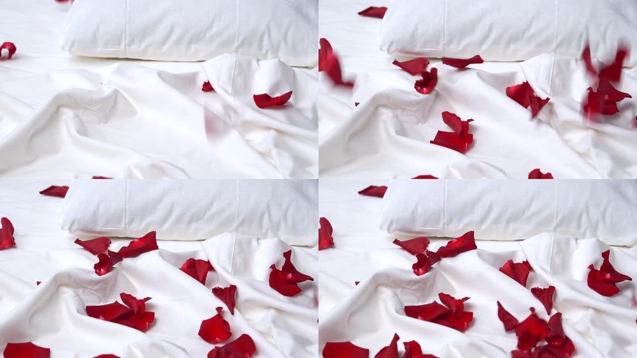 白色床上的红色玫瑰花瓣。浪漫关系的概念。