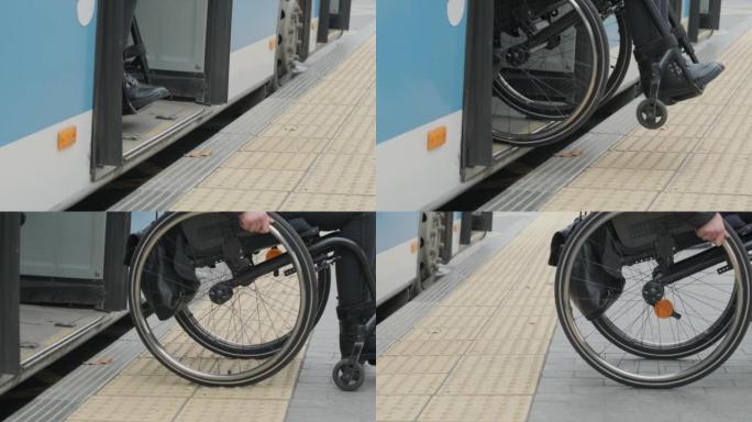 在公共汽车站坐轮椅的妇女下车/关门