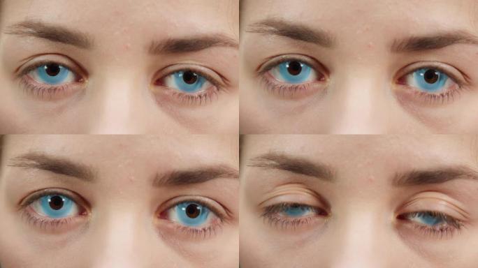 一个戴着蓝色装饰镜片的棕色眼睛年轻女子的特写镜头，睁开眼睛，闭上眼睛，眨眼。眼镜店概念。用于化妆和表