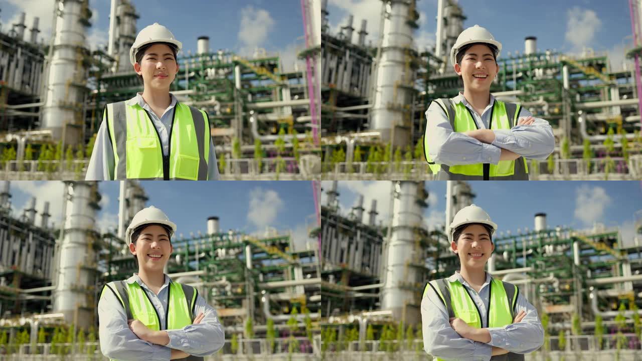 戴着白色安全帽的亚洲工程师经理站在炼油厂前。工业园区天然气石化。工厂储油罐及管道。建筑工人。