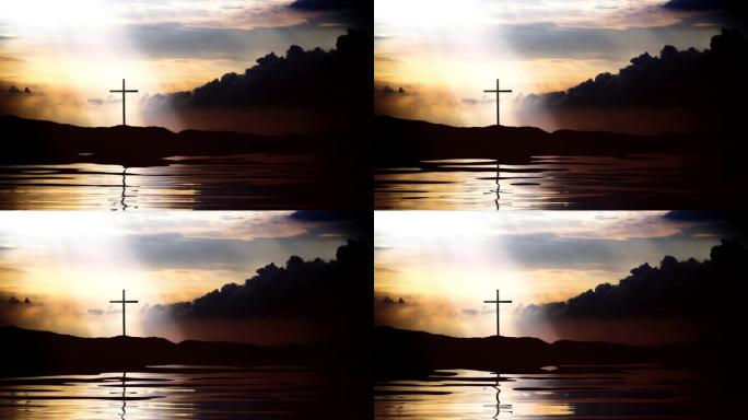耶稣基督的圣十字架在平静的水，波浪，云彩和神秘的光