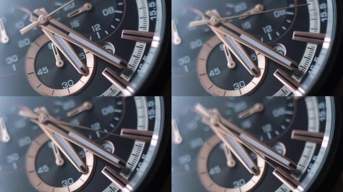 极近距离视频豪华黄金瑞士手表，秒针和分针在运动，时间流动，选择性聚焦