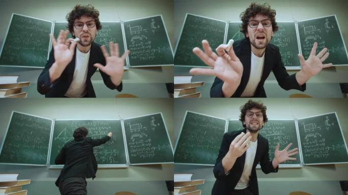 情绪古怪的老师试图在教室里解释用粉笔写在黑板上的数学公式。视点有趣的教授在情感上与不懂数学的学生交谈