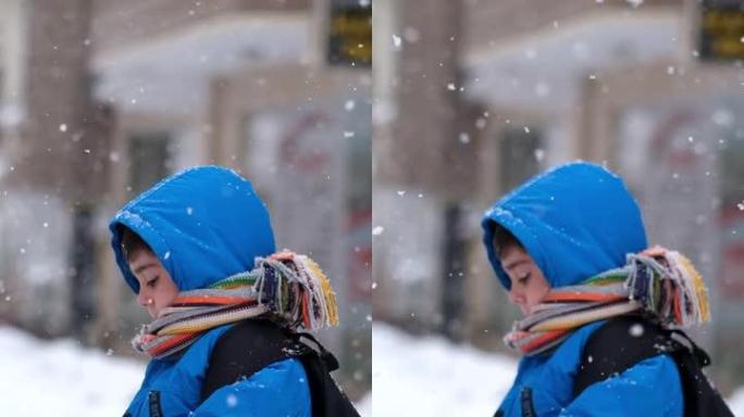 穿着蓝色冬装的有趣小男孩在降雪时行走。儿童户外冬季活动