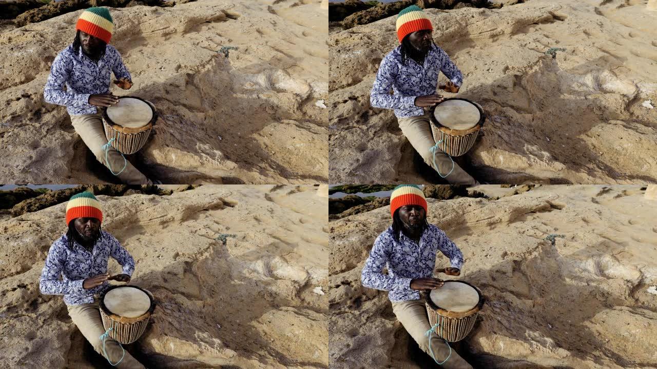 非洲打击乐，一个塞内加尔人用手演奏传统的djembe鼓。