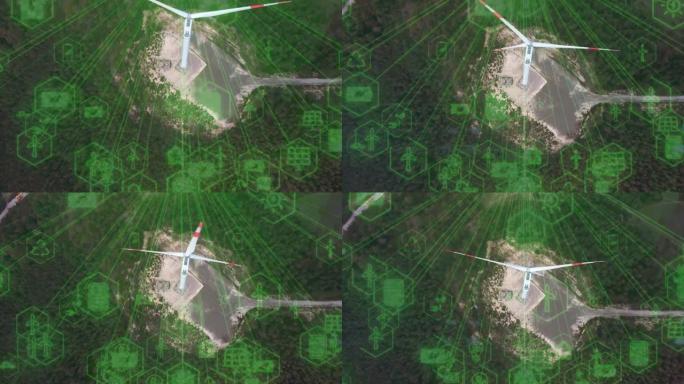 具有数字生成的全息显示技术数据可视化的风车鸟瞰图。以绿色生态方式产生清洁可再生能源的风力涡轮机，以实
