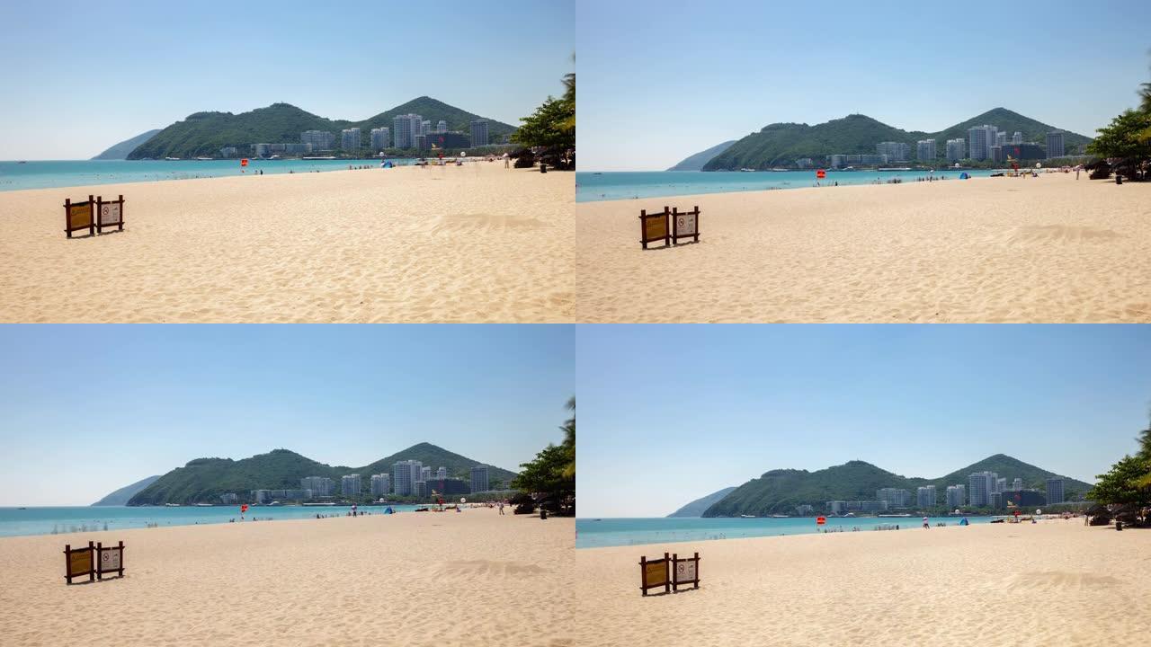 三亚晴天著名的大东海海滩全景4k延时中国海南岛