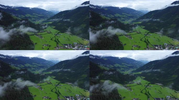 奥地利，蒂罗尔。鸟瞰绿谷和雾云。蒂罗尔最著名的户外徒步旅行旅游目的地