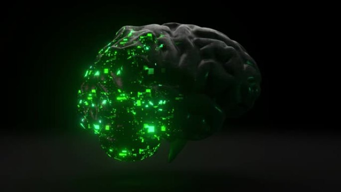 未来主义概念。玻璃大脑从哑光的黑色外壳中出现。绿色霓虹灯。3d动画