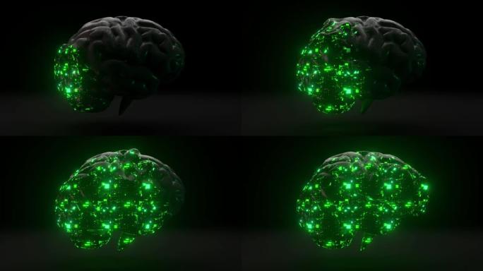 未来主义概念。玻璃大脑从哑光的黑色外壳中出现。绿色霓虹灯。3d动画