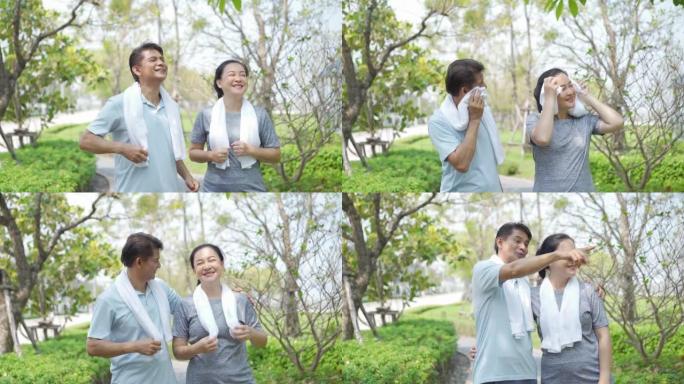 健康的生活方式和运动。亚洲幸福成熟夫妇丈夫在公园跑步后擦汗。快乐的老年夫妇在公园慢跑。