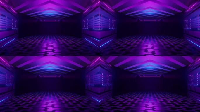激光表演俱乐部暗霓虹科幻未来复古紫色蓝色发光吸顶灯混凝土车库舞台隧道大厅UHD