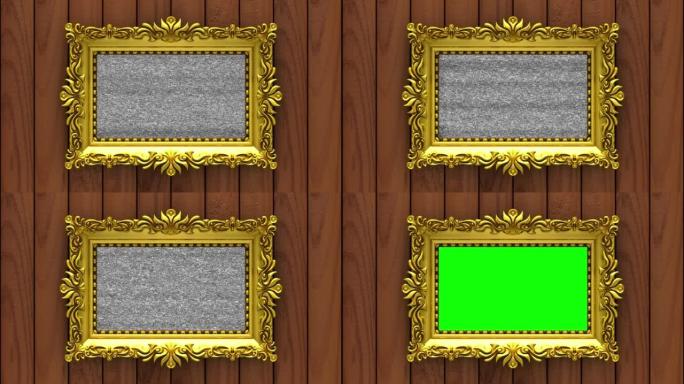背景上的棕色木材。电视噪音和绿色色度键以华丽的金色相框在屏幕上播放。3D动画介绍。