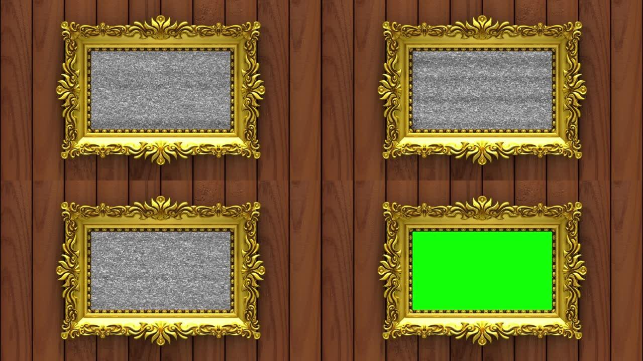 背景上的棕色木材。电视噪音和绿色色度键以华丽的金色相框在屏幕上播放。3D动画介绍。