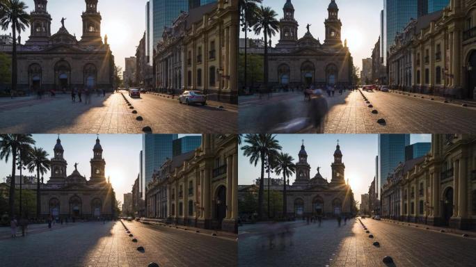 缩小智利圣地亚哥市中心阿玛斯广场历史地标圣地亚哥大都会大教堂的延时视图