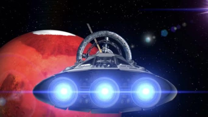火星在背景中。飞船飞出隧道。太空船飞入太空站门，3d动画。行星的纹理是在图形编辑器中创建的，没有照片