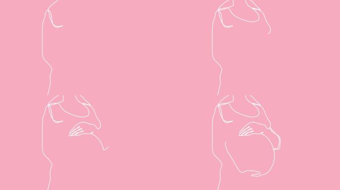 连续白色单线绘制孕妇大肚子在粉红色背景上。自画动画怀孕。手绘剪影图片，设计简单。2D、4k素材。线艺