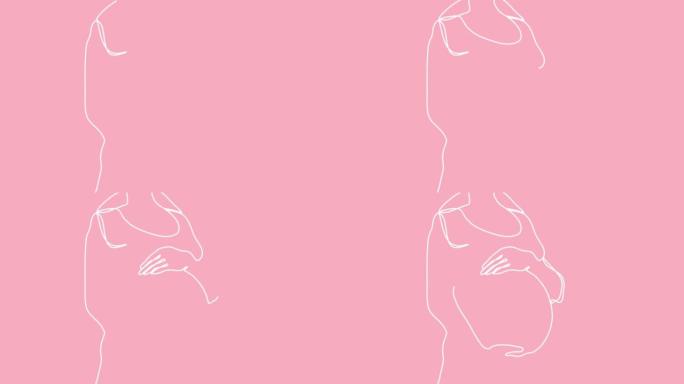 连续白色单线绘制孕妇大肚子在粉红色背景上。自画动画怀孕。手绘剪影图片，设计简单。2D、4k素材。线艺