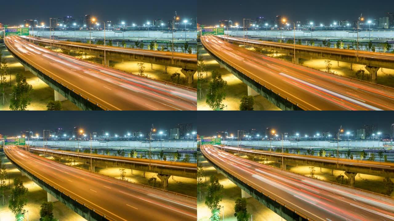 日落场景下大都市中心繁忙的高速公路的时间流逝。交通和基础设施概念，泰国曼谷